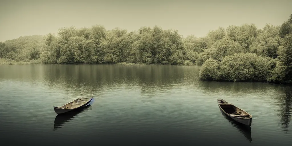 Prompt: photo of small row boat on a lake, landscape, beautiful, elegant, award winning photograph, highly detailed, high resolution photo, trending on artstation,