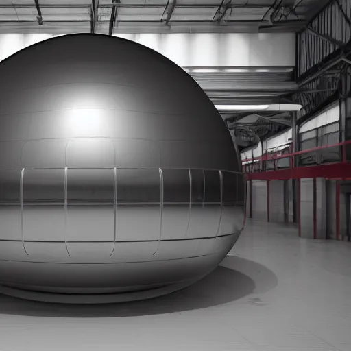 Image similar to big metallic capsule connected to pipelines, purpose is pump, standing in large industrial hall, designed by best engineers, raytracing, reflections