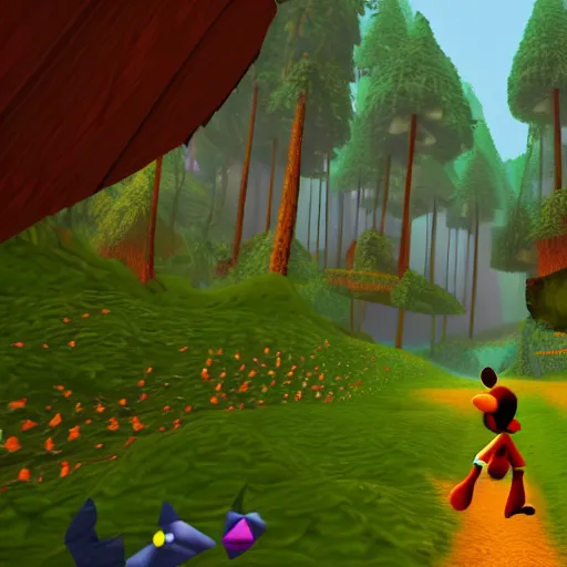 Image similar to banjo - kazooie running on a dreamy landscape resembling a forest of treetops, a jiggy at the end of the map