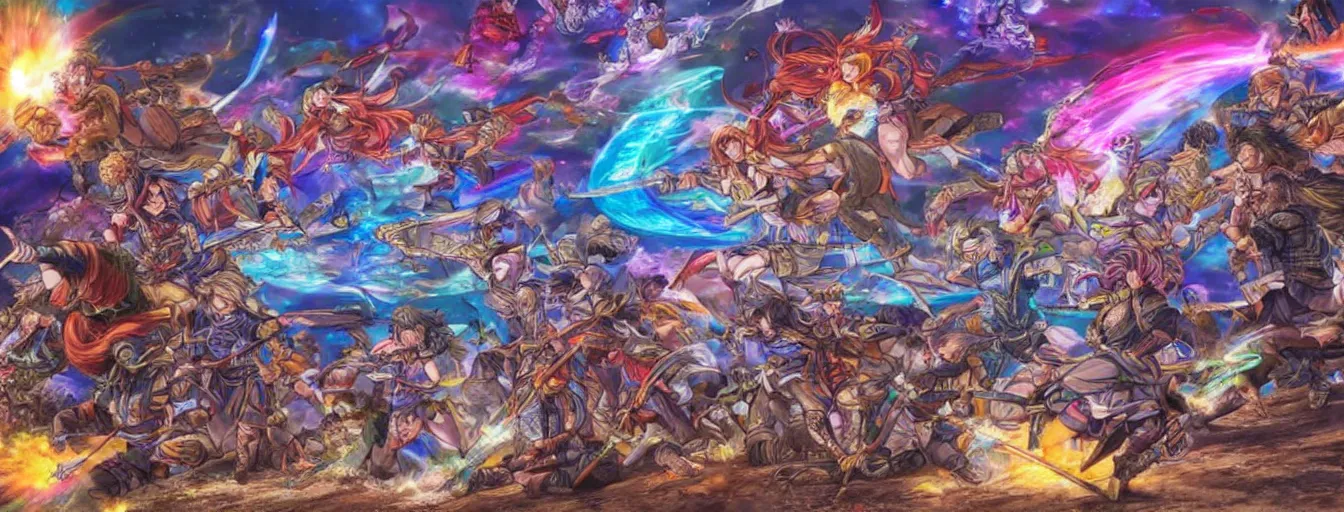 Image similar to rainbow souls fighting on a battlefield with spirit power flying around. hyperrealistic anime background illustration by kim jung gi, colorful, extremely detailed intricate linework, smooth, super sharp focus, bright colors, high contrast, matte, octopath traveler, unreal engine 5 highly rendered, global illumination, radiant light