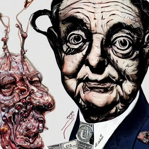 Image similar to George Soros full body shot, dollar bills Body horror, biopunk, by Ralph Steadman, Francis Bacon, Hunter S Thompson