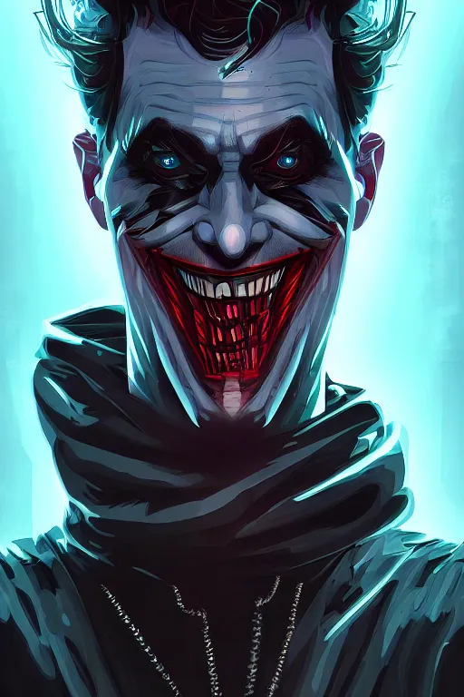 Image similar to a portrait of cyberpunk joker, grim - lighting, high - contrast, intricate, elegant, highly detailed, digital painting, artstation, concept art, smooth, sharp focus, illustration