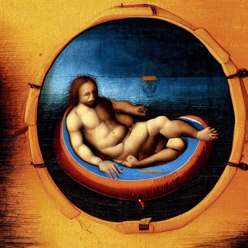 Image similar to Oil painting by Leonardo da Vinci of a Human Rights Watch employee sleeping on an inflatable raft in the ocean