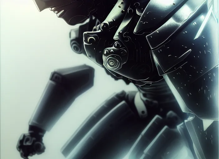 Image similar to a anime portrait of a cyborg ninja raiden, finely detailed features, closeup at the face, sharp focus, perfect art, warzone background, cinematic lighting, intricate, anime, illustration, artstation, trending on pixiv fanbox, painted by greg rutkowski, studio ghibli, yoji shinkawa, hayao miyazaki,