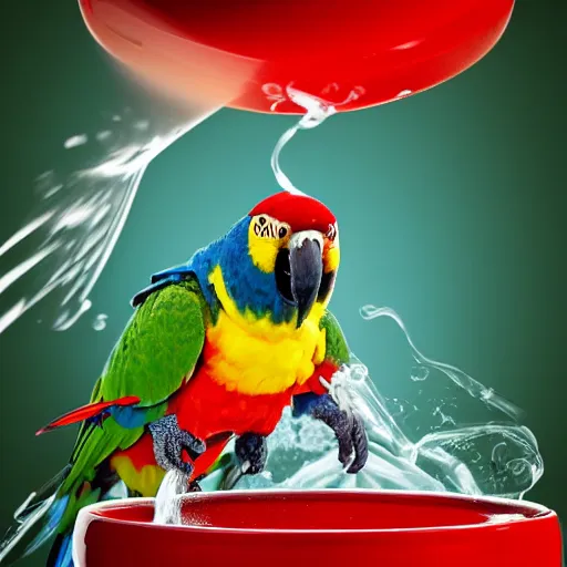 Prompt: parrot flying above the pot with boiling water, Soviet style kitchen background, realistic