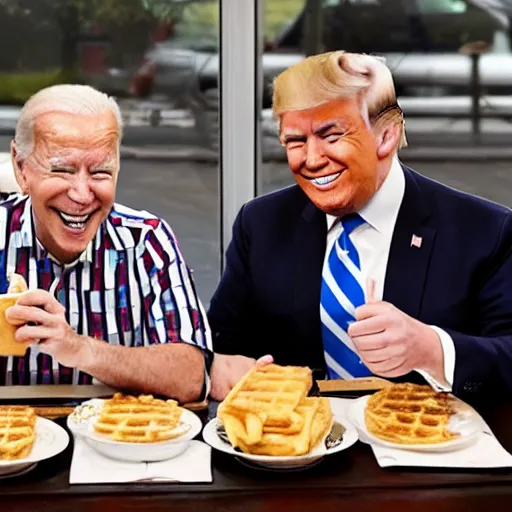 Image similar to photograph of trump and Biden sitting and eating breakfast at a Wafflehouse