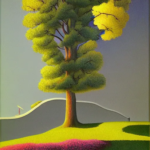 Prompt: a painting of a staircase leading to a tree, a surrealist painting by kaii higashiyama and david inshaw, deviantart, synthetism, matte drawing, detailed painting, oil on canvas