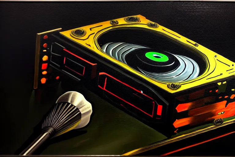 Image similar to a vanitas painting depicting an NVIDIA RTX A100 GPU, graphics card