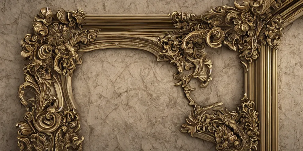 Image similar to hyper detailed baroque picture frame on a wall, 3 d octane render, ultra photorealistic