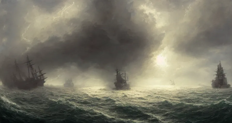 Prompt: giant enormous fierce sailing battleship, raging sea foggy, dramatic, action scene, stormy background, shipfleet on the horizon, high detail, greg rutkowski, james gurney, gene wolfe, gustave dore, jesper ejsing, rhads, makoto shinkai, ilya kuvshinov