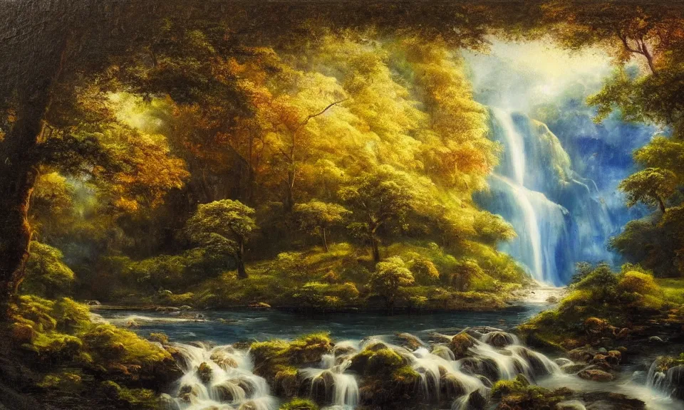 Image similar to the most beautiful panoramic landscape, oil painting, where a giant dreamy waterfall creates a river, the trees around are starting to bloom, shooting star, cinematic lighting, highly detailed, very realistic