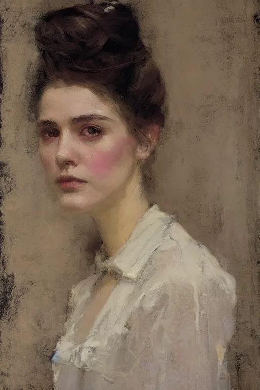 Image similar to Richard Schmid and Jeremy Lipking full length portrait painting of a young beautiful victorian detective woman