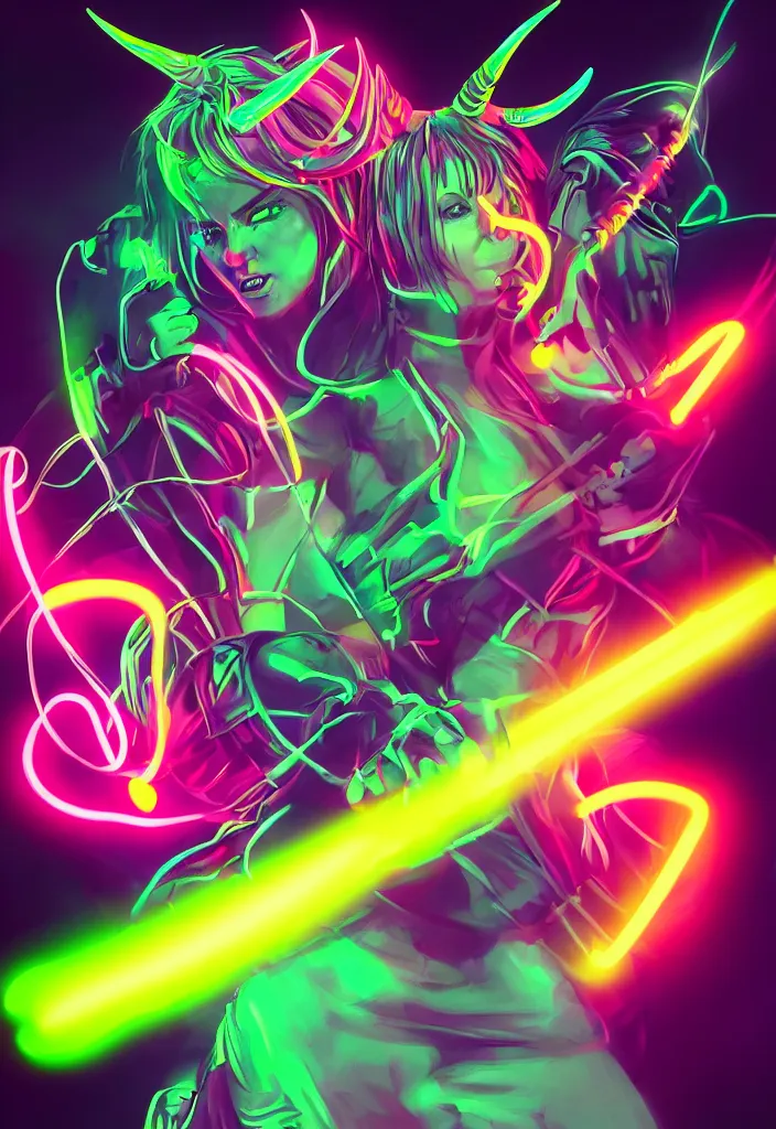 Image similar to , woman with neon sword fighting a horned demon, digital effects glowing ,digital art, illustration, closeup, stylized, cel shaded