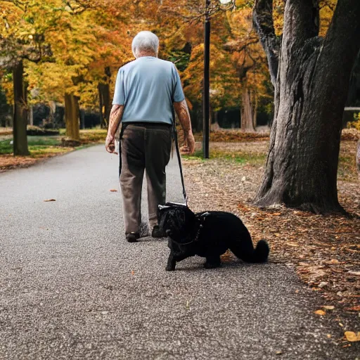 Image similar to elderly man walking a terrifying and evil creature, leash, park, canon eos r 3, f / 1. 4, iso 2 0 0, 1 / 1 6 0 s, 8 k, raw, unedited, symmetrical balance, wide angle