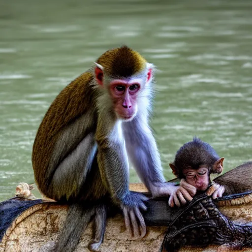 Image similar to monkey on top of a crocodile on a river