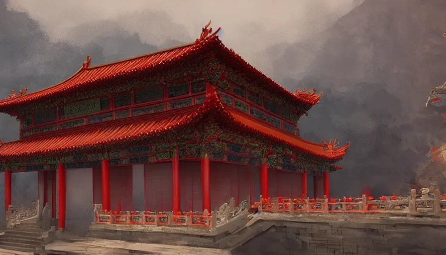 Image similar to enviroment concept art of chinese temple by jama jurabaev, cinematic shot, brush hard, artstation, for aaa game, high quality, brush stroke