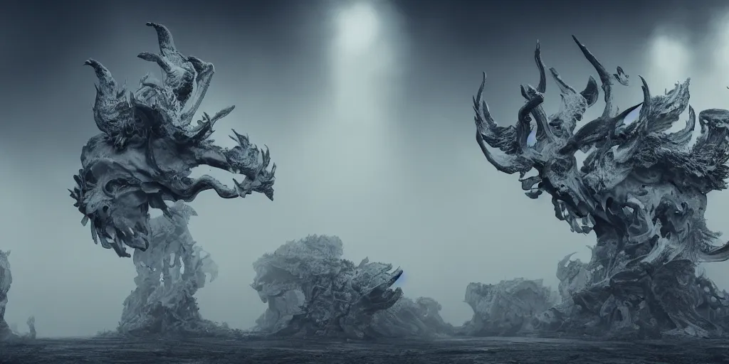 Image similar to white bird skulls, ram skulls, grand imposing powerful sculpture. swirls of mist. occult photorealism, uhd, amazing depth, volumetric lighting, cinematic lighting. epic landscape.