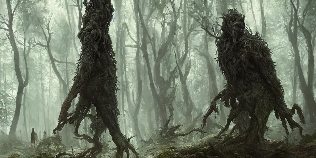 Prompt: evil treebeard walking in an ancient forest, greg rutkowski, 8 k, shallow depth of field, ultra high detail, concept art,