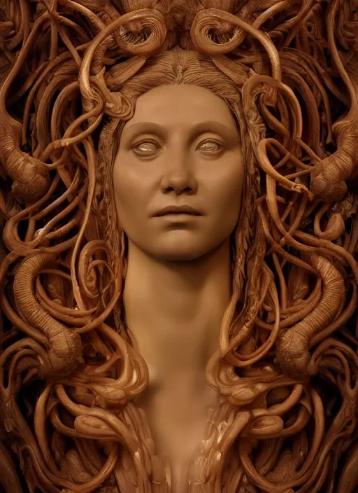 Prompt: carved translucent wax sculpture of medusa, wooden art nouveau swirls, strong subsurface scattering, tubes, gold elements, subsurface scattering, in the style of ruan jia and beeple and giger, subsurface scattering, mystical colors, back light, rim light, dramatic lighting, 8 k, stunning scene, raytracing, octane render, trending on artstation