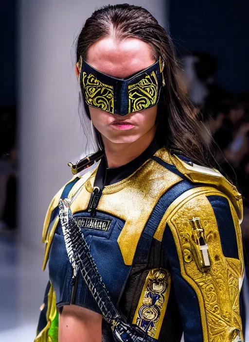 Image similar to hyperrealistic and heavy detailed versace runway show of judge dredd, leica sl 2 5 0 mm, vivid color, high quality, high textured, real life