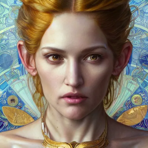 Image similar to Portrait of Samus Aran drawn by Donato Giancola and Tom Bagshaw, face by Artgerm, overall design by Alphonse Mucha, background by James Jean and Gustav Klimt, light by Julie Bell, 4k, golden accents, porcelain skin, komorebi, french nouveau, trending on artstation, octane render, hyperrealistic