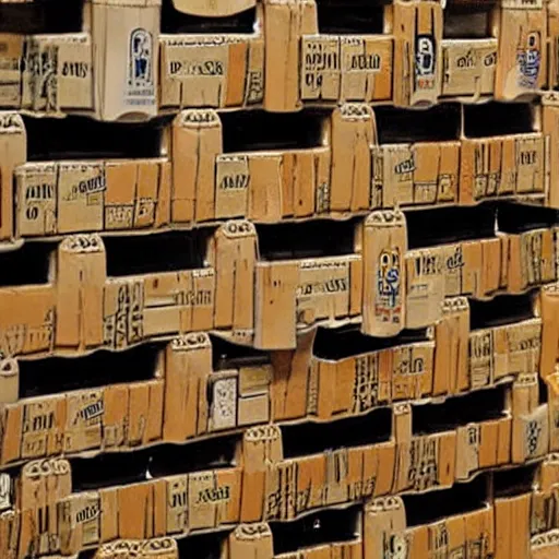 Image similar to stacks of beer crates, infinite beer, high stacks, beer bottles, so much beer