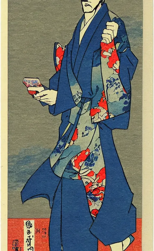 Image similar to by akio watanabe, manga art, male calligrapher studying, blue kimono, trading card front, realistic anatomy