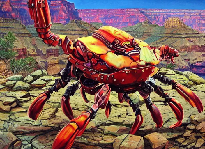 Prompt: realistic physically based rendering of a giant mechanical robot crab at the grand canyon by jack kirby!!! and simon bisley, epic, awesome trendy color palette, cinematic, claymation, by wes anderson and joop geesink, diorama