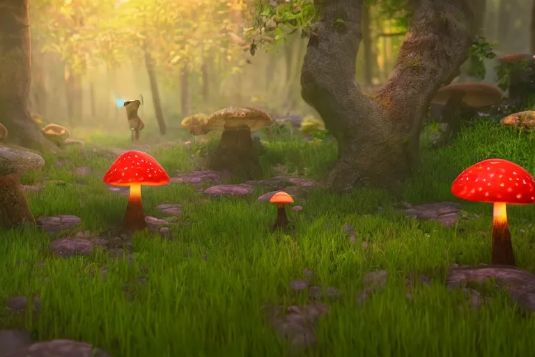 Prompt: A Pug walking in an enchanted fantasy forest. Glowing mushrooms. Colorful. Cinematic lighting. Photorealism.