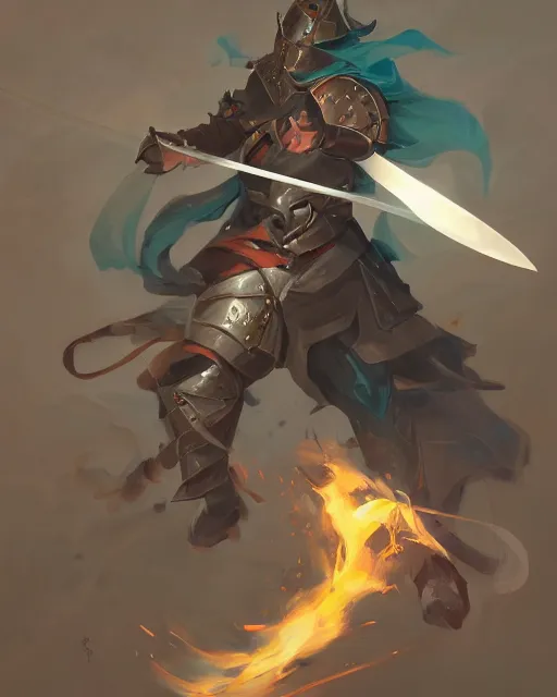 Image similar to action portrait of a knight fighting with swords and magic, 4K trending on artstation by peter mohrbacher and esao andrews