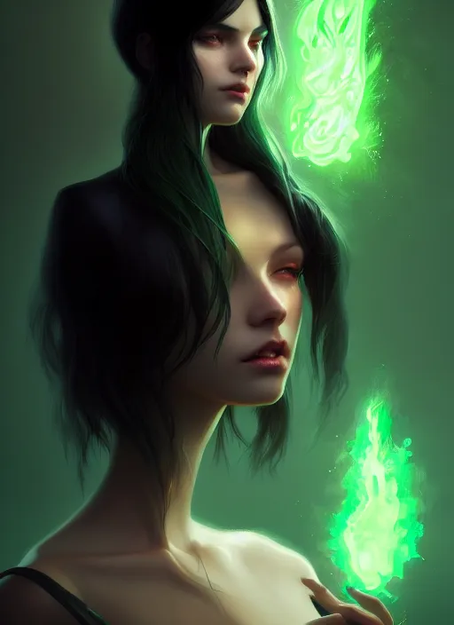 Prompt: black hair with green eyes girl, pyromancer, intricate, elegant, highly detailed, digital painting, artstation, concept art, smooth, sharp focus, illustration, ethereal, misty, by ilya kuvshinov and jeremy mann, 8 k, octane render