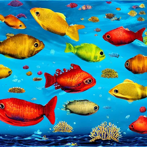 Prompt: “Stunning painting of the kinds of fish under ocean, pacific, ultra detailed, national geographic, 8K HD Resolution image”