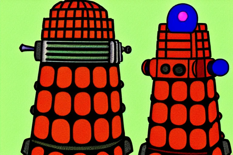 Image similar to daleks!, in the style of john avon and derek riggs and eva widermann, trending on artstation, halfrear lighting closeup view anaglyph filter, bokeh, anime, colored pencil art, belle epoque