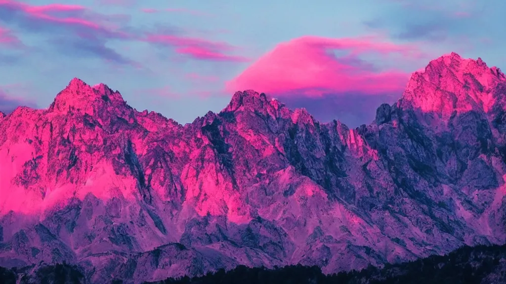 Prompt: Beautiful lush mountains under the pink clouds backlit by the sun