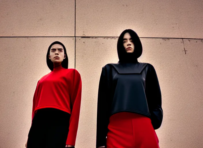 Image similar to cinestill 5 0 d closeup photographic portrait of two clones in front of a brutalist metal building, techwear women, on a desolate plain, red sky, black oversized clothes, depth of field, 4 k, 8 k, hd, full color