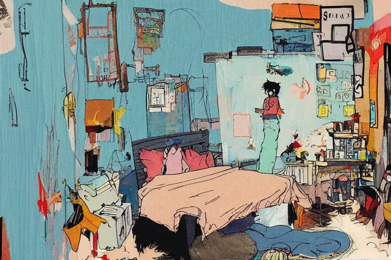 Image similar to messy bedroom, style of studio ghibli + moebius + basquiat, cute,