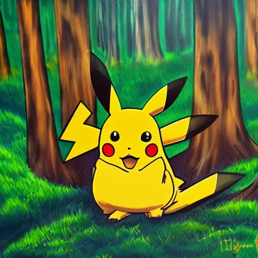 Image similar to An Pikachu sleeping in a forest, airbrush painting