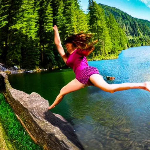 Prompt: a woman falling at a lake, fast shutter speed, high speed, action photo, 1 / 1 0 0 0 sec shutter, fish - eye lens