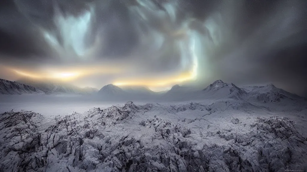 Image similar to amazing landscape photo of a nuclear winter by marc adamus, beautiful dramatic lighting