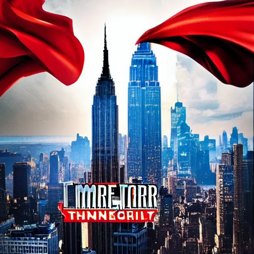 Image similar to superman vs thor infront of the empire state building. new movie poster