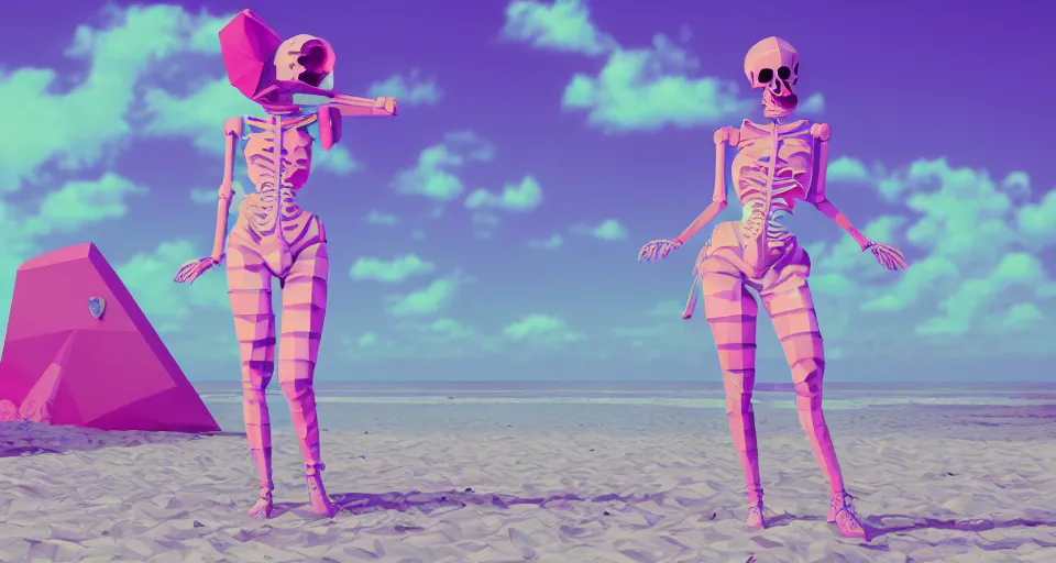 Image similar to fullbody vaporwave art of a fashionable skeleton girl at a beach, early 90s cg, 3d render, 80s outrun, low poly, from Hotline Miami