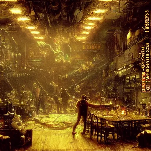 Image similar to scene from movie fightclub, painting of neon lit hr giger interior, floral ornaments, light beams night, scene from fightclub movie, andreas achenbach