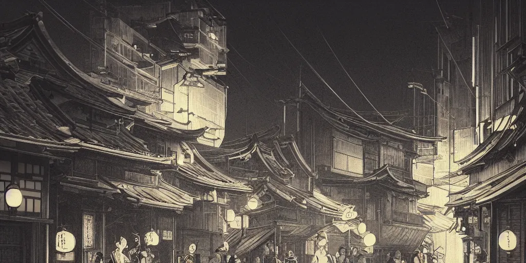 Prompt: feudal japan tokyo street at night, street level, cinematic lighting!!, 4k, trending on artstation, intricate illustration, fast sketch!!!!, rough, ultra detailed, art by albert bierstadt