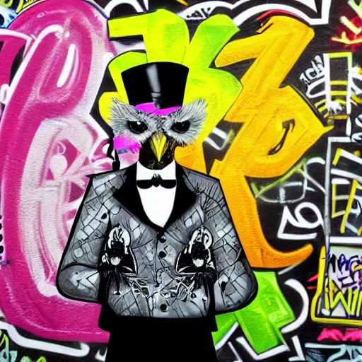 Prompt: gentleman owl with black biker jacket, portrait photo, crayon outline, wall with colorful graffiti, studio photo, suit, bow tie, tophat