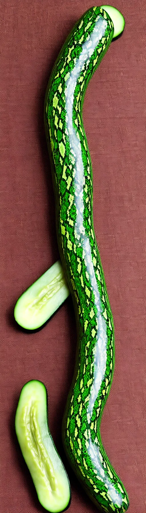 Prompt: very long beige cucumber made of snakeskin with @snake head@