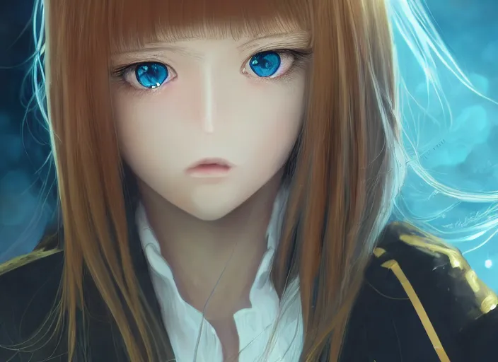 Image similar to teenage girl with sky blue straight hair, bangs, amber eyes, gold eyes, wearing a black jacket, high collar, ultra detailed, concept art, award winning photography, digital painting, cinematic, by wlop, anime key visual, closeup, pixiv, 8 k, yoshitaka amano, ilya kuvshinov,