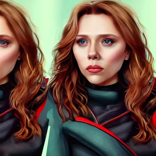 Image similar to ((((Scarlett Johansson)))) and Elizabeth Olsen!!!!!!!!! crossbreed, illustrated and rendered by Xie Boli, trending on artstation, 4k, 8k, photorealistic imagery, photorealistic details, intricate, highly detailed