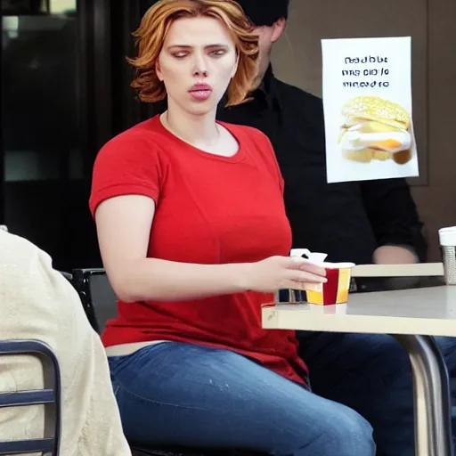 Image similar to fat scarlett johansson sitting in mcdonalds eating a burger, fans cheering