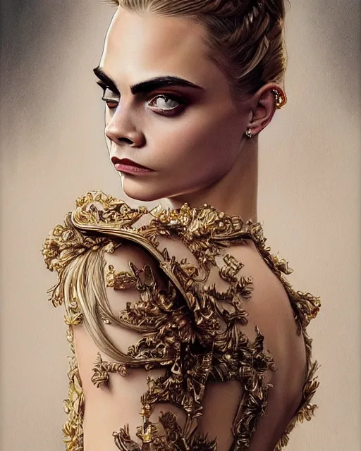 Image similar to portrait of cara delevingne wearing beautiful haute couture by Alexander McQueen, intricate, elegant, highly detailed, digital painting, artstation, concept art, smooth, sharp focus, illustration, art by artgerm and greg rutkowski and alphonse mucha