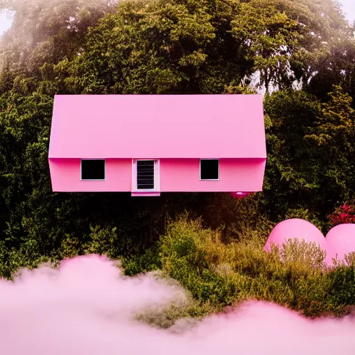 Image similar to a 5 0 mm lens photograph of a cute pink floating modern house, floating in the air between clouds, inspired by the movie up. mist, playful composition canon, nikon, award winning, photo of the year